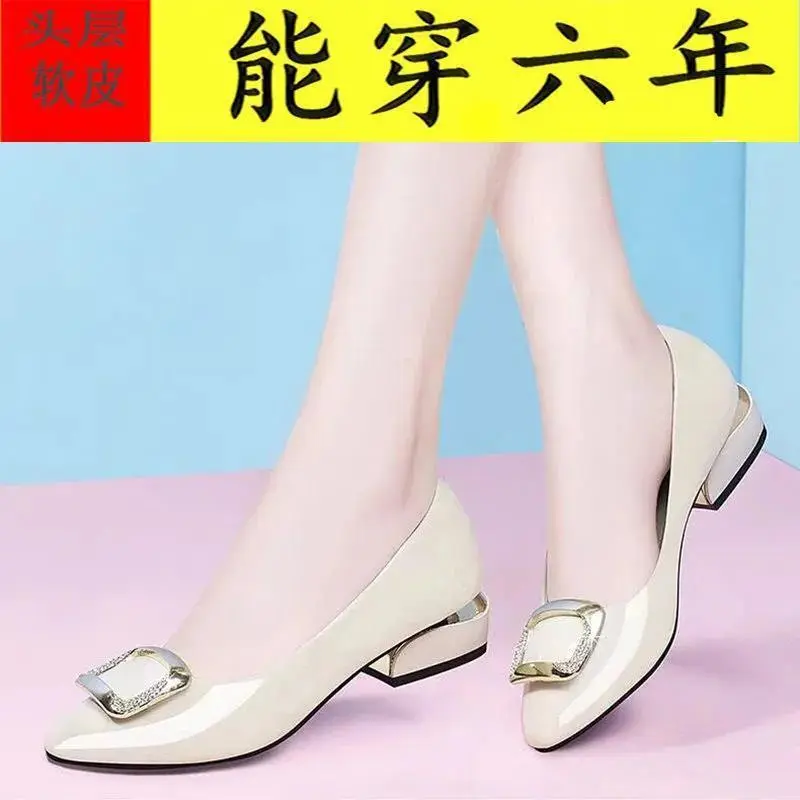 Giày Cao Gót, Da Mềm, Cắt Thấp, Phù Hợp Cho Tất Cả Các Mùa, Giày Cho Mẹ, Giày Đi Làm Cho Nữ, Đế Mềm, Gót Chunky, Gót Giữa, Không Trơn Trượt, Thích Hợp Cho Công Việc 8