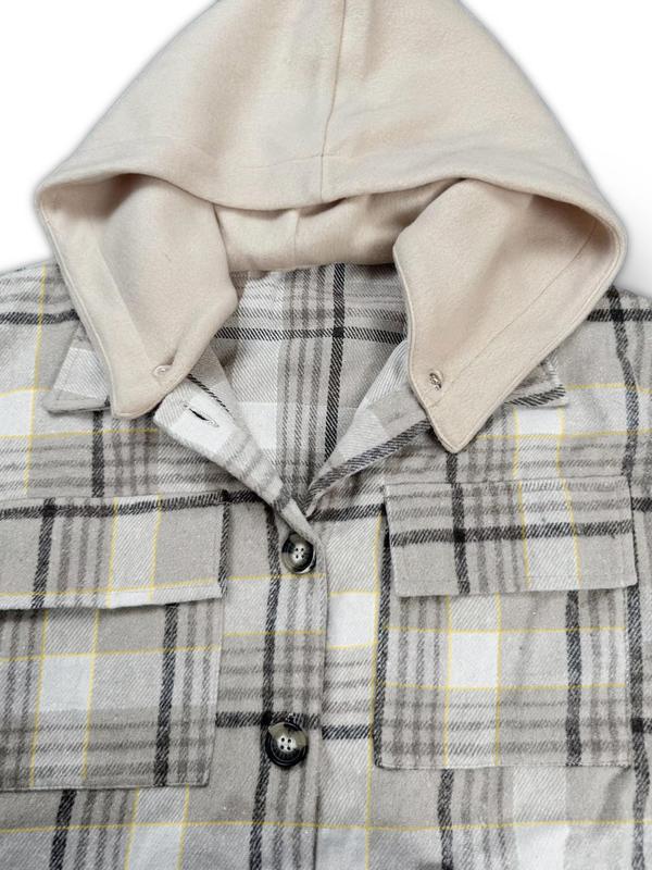 Women's Plaid Print Flap Pockets Button Front Hooded Overcoat, Casual Fitted Drop Shoulder Hooded Coat for Fall & Winter, Women's Clothing, Please Purchase A Size Up 8