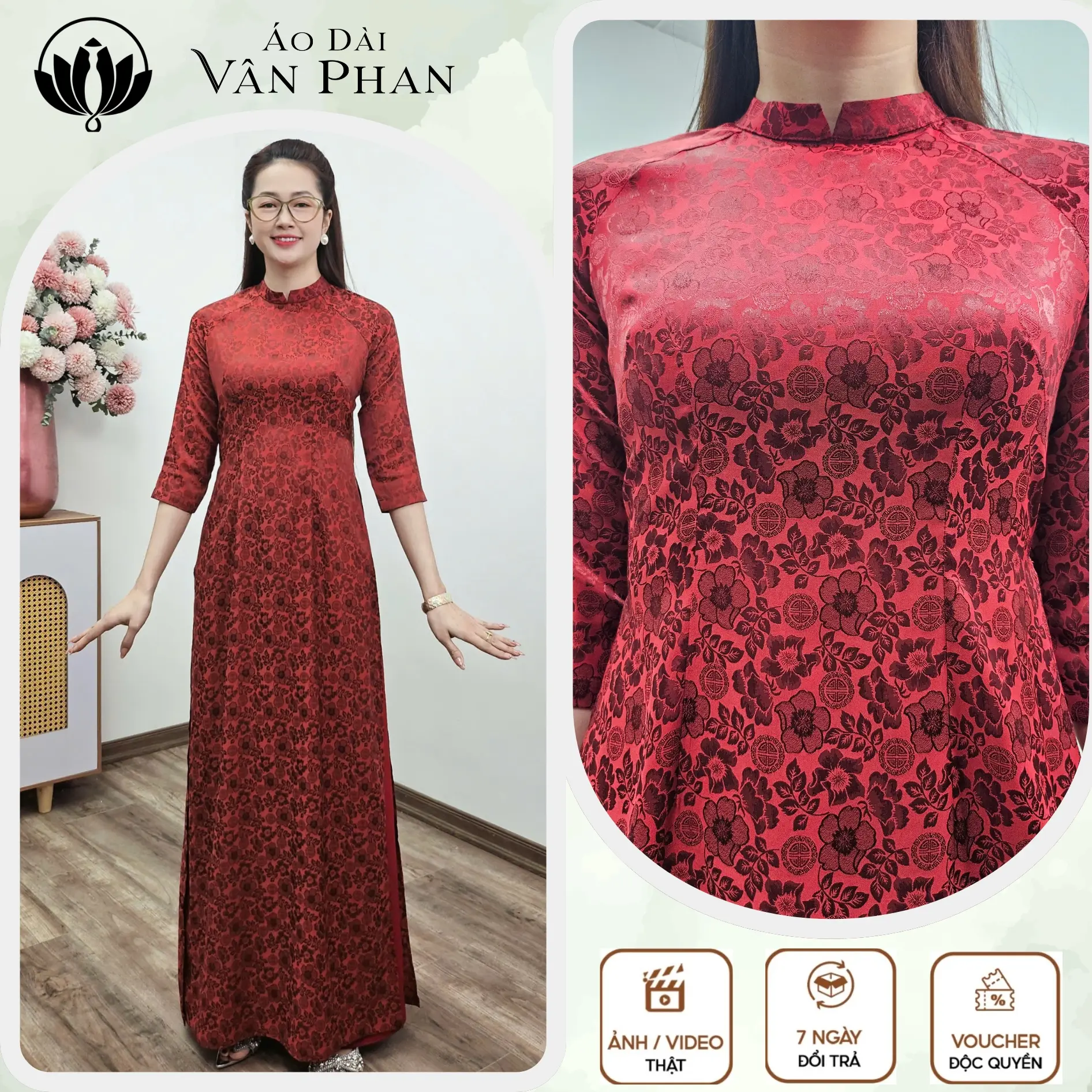 Áo dài truyền thống cổ cao tay lỡ gấm hoa đào hỷ sắc nét - Áo dài Vân Phan (KHÔNG GỒM QUẦN)