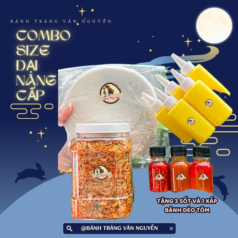 Combo SIZE ĐẠI NÂNG CẤP TẶNG QUÀ. bánh tráng phơi sương 250gr, muối tép hành phi 500gr, 5 chai bơ tặng 3 chai sốt Gia Vị Nước Sốt combobanh  trang