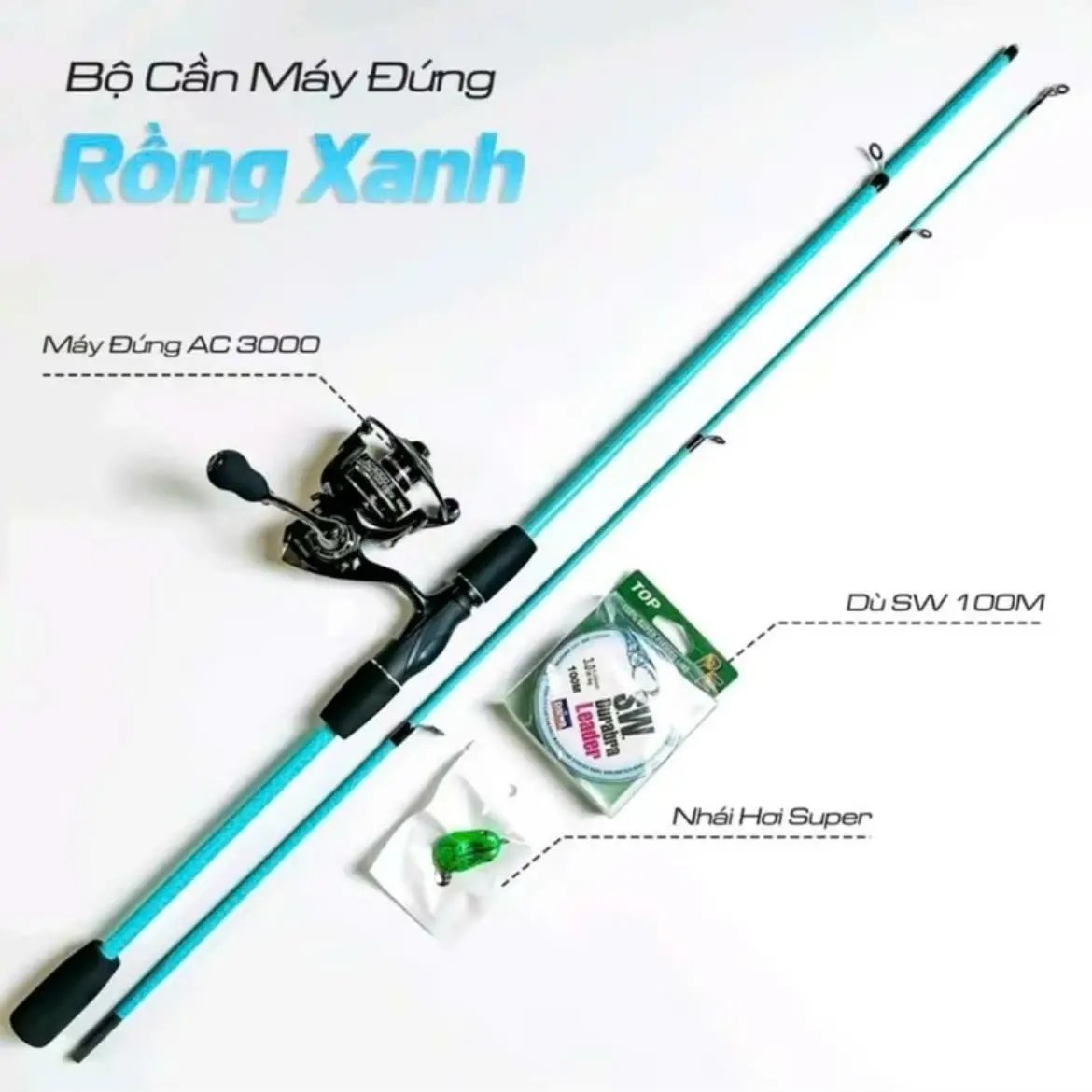 ComBo Cần Câu Máy Đứng Giá Rẻ <Rồng Xanh> Bộ Cần Câu Máy Đứng Giá Rẻ (1 cần câu - 1 máy đứng ac 2000 - 1 nhái hơi - 1 cuộn dây - 3 khóa link)