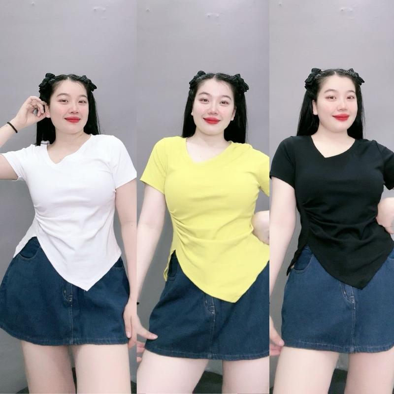  Áo thun cổ tim dáng dài chất borip bigsize nữ vạt nhọn màu basic ôm gọn body trơn nhún eo A40 Top Women 