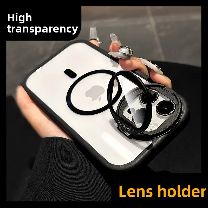 Magnetic Phone Case with Glass Lens Cover Stand for iPhone 15, 14, 13, 12, 11, ProMax Series, Anti-Slip Anti-Shock