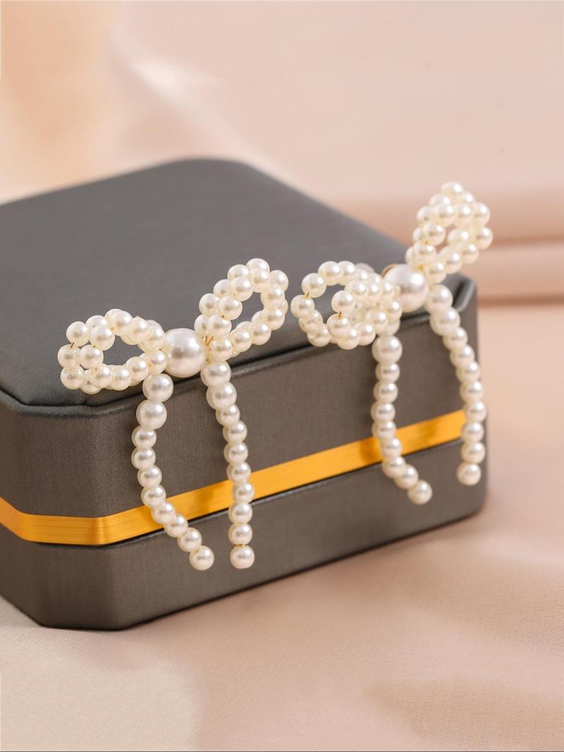 Product Introduction of Gorgeous Faux Pearl Bow Decor Stud Earrings, Fashion Elegant Earrings Jewelry for Women, Daily Clothing Decor, Trendy All-match & Exquisite Jewelry for Birthday Gift, Unique Gifts for Women 6