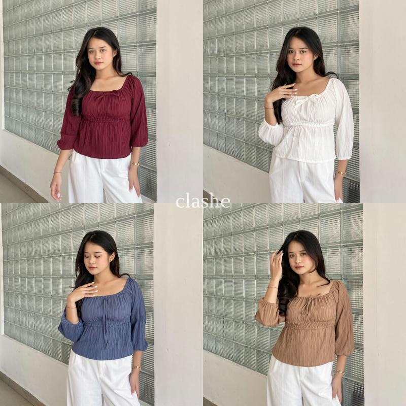 Baju Blouse Pita Wanita Atasan Lengan Panjang Lady Crush Crinkle Anti Lecek Korean Style Kekinian Terbaru Ootd Farah Top by Clashe 1