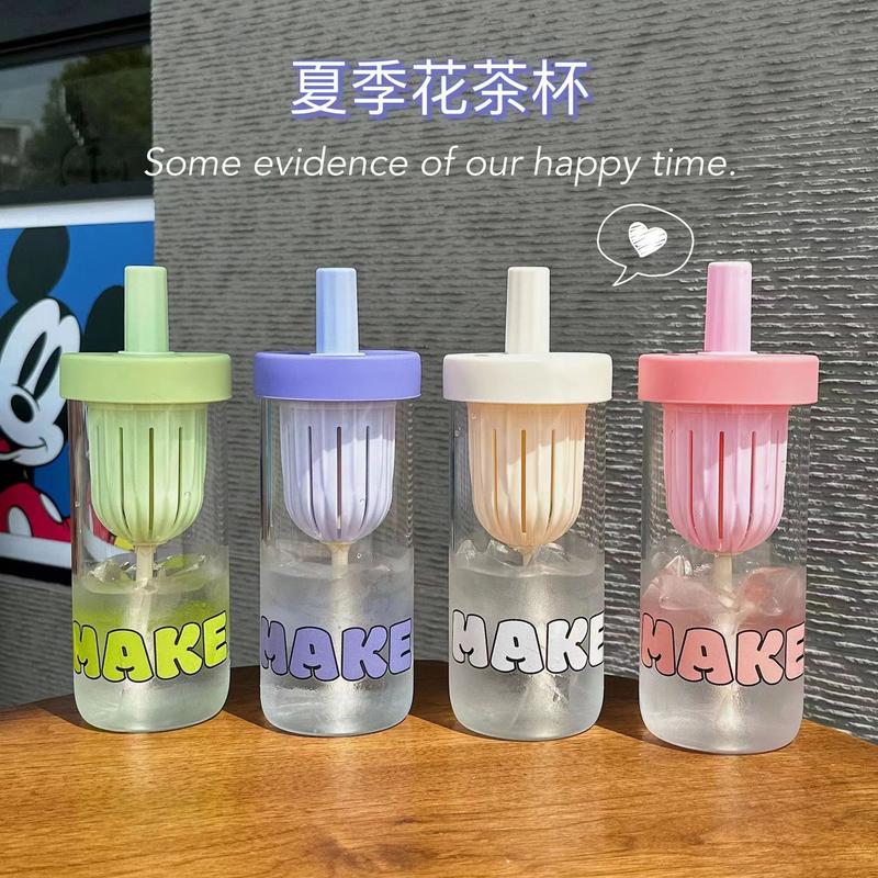 Product Introduction of New Tea Water Separation Glass Water Cup, Good-looking Scented Tea Cup, Lid Straw Large Capacity Portable Water Cup Bottle Drinkware Tumbler Mug 0