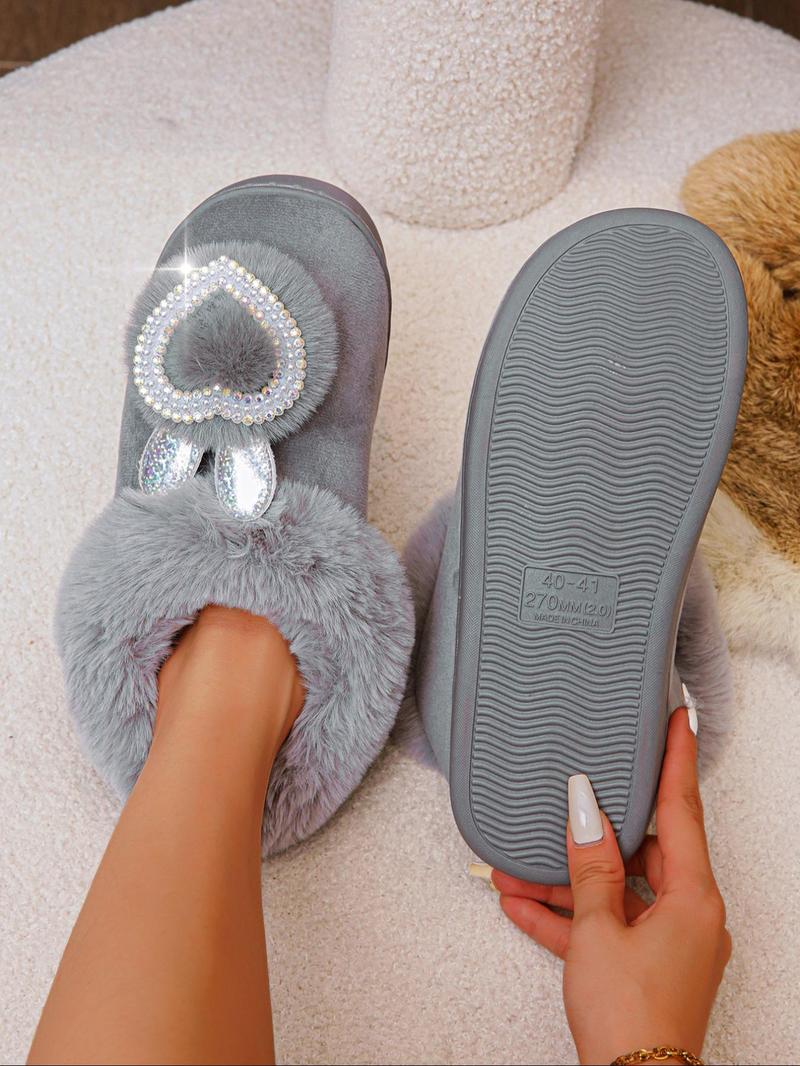 Product Introduction of Women's Cute Rhinestone Heart Decorated Plush Slippers, Casual Soft Comfortable Home Slippers, Warm Slippers for Indoor & Outdoor Use for Fall & Winter 5