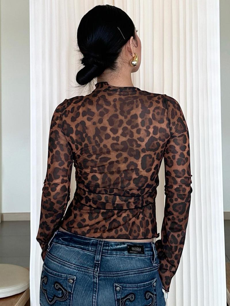 Product Introduction of Women's Leopard Print Lettuce Trim Sheer Tee, Casual Flounce Sleeve Tie Neck Tulle Top, Ladies Clothes for Beach Party Vacation Valentine's Day, gift, Womenswear 8