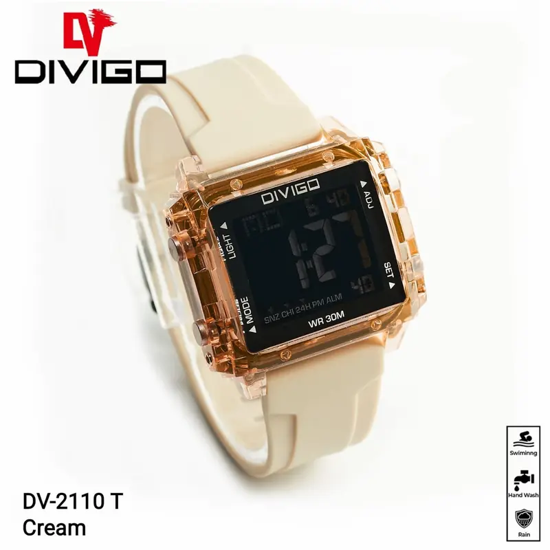 Jam Tangan Wanita DIVIGO DV-2110 Transparan Original Digital Kotak Strab Rubber Tahan Air Digital Besi Stainless 1