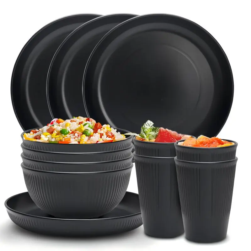 Reusable Tableware Set, 12pcs/set Including Bowl & Cup & Plate, Lightweight Shatterproof Tableware Set for Home & Outdoor Camping