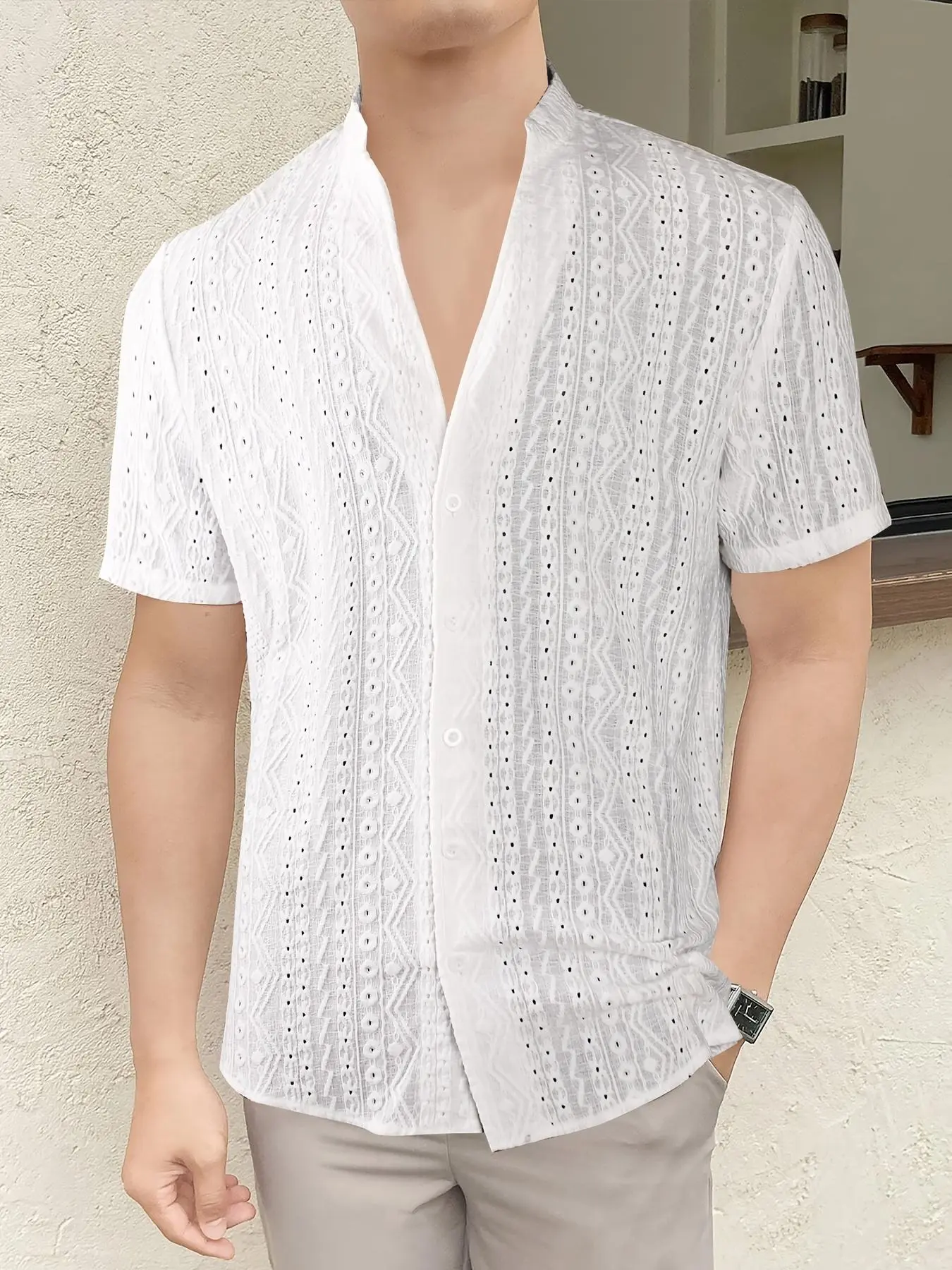 Men's Solid Color Short Sleeve Shirt, Regular Fit Casual Breathable Comfy Top for Summer, Men's Clothes for Daily Wear