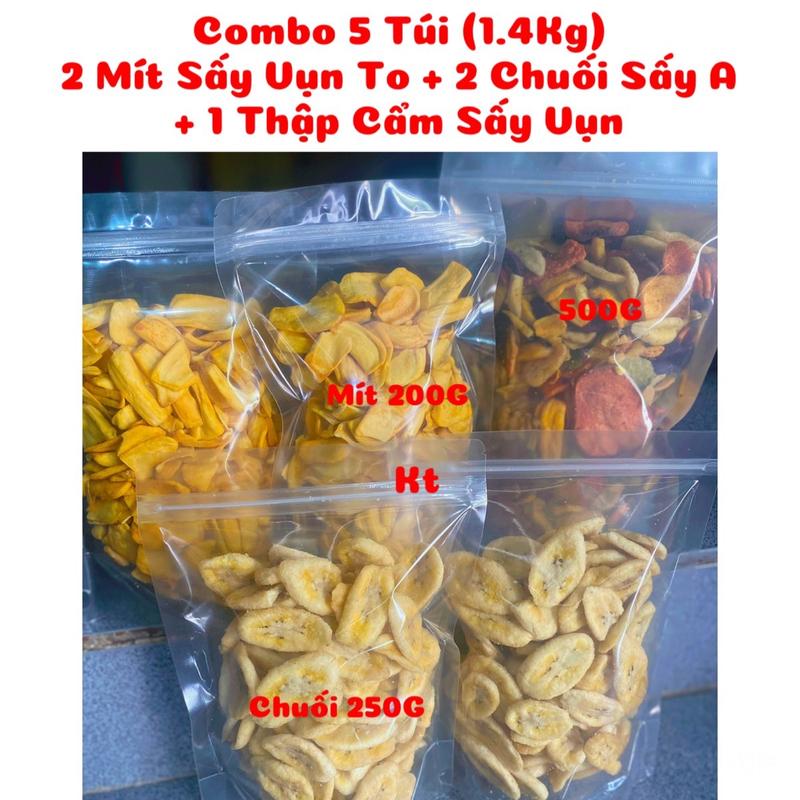 Combo 5 Túi (1.4Kg) : 2 Mít Sấy Vụn To + 2 Chuối Sấy Nguyên A + 1 Trái Cây Sấy thập Cẩm vụn - được đóng gói bằng túi zipper trong Ăn Vặt