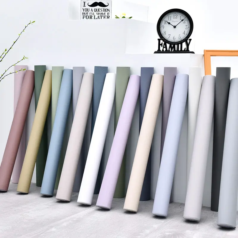 วอลเปเปอร์แบบมีกาวในตัว ดีไซน์เรียบง่าย สีพื้นเรียบ สติ๊กเกอร์พีวีซี เหมาะสำหรับห้องนอนสบายๆ ห้องนั่งเล่น หอพัก และของตกแต่งผนัง ป้องกันไขมัน