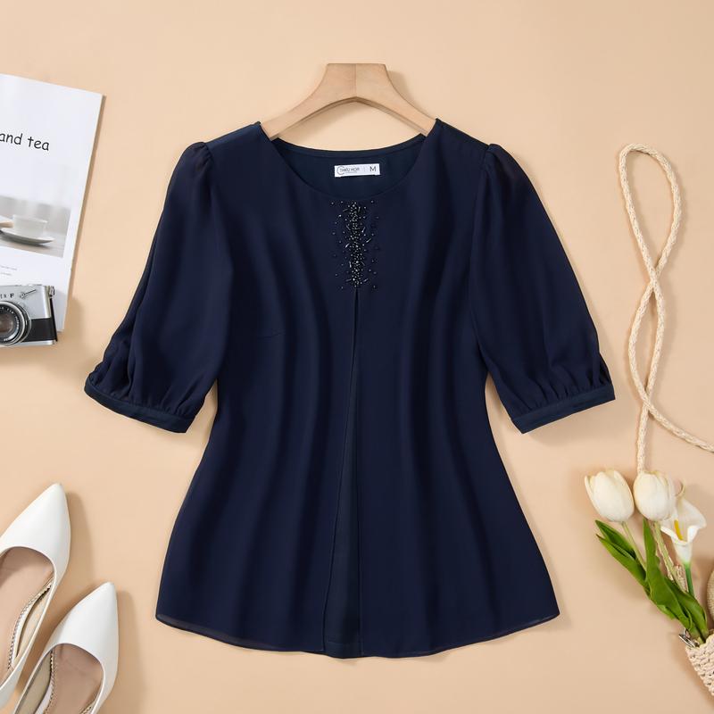 Áo Chiffon Nữ Trung Niên  Thanh Lịch, Trang Nhã tặng mẹ thương hiệu Thiều Hoa AN4L0230 Women Top Cổ Tròn Sơ Mi