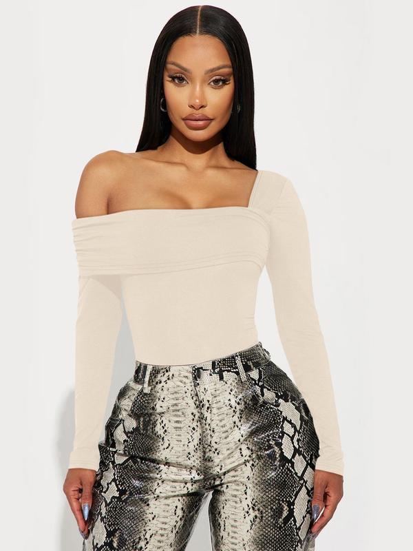 Women's Solid Color One Shoulder Bodysuit, Casual Plain Tight Long Sleeve Bodysuit for Spring & Fall, Gyatt Bodysuit, Women's Clothes for Daily Wear Outdoor 6