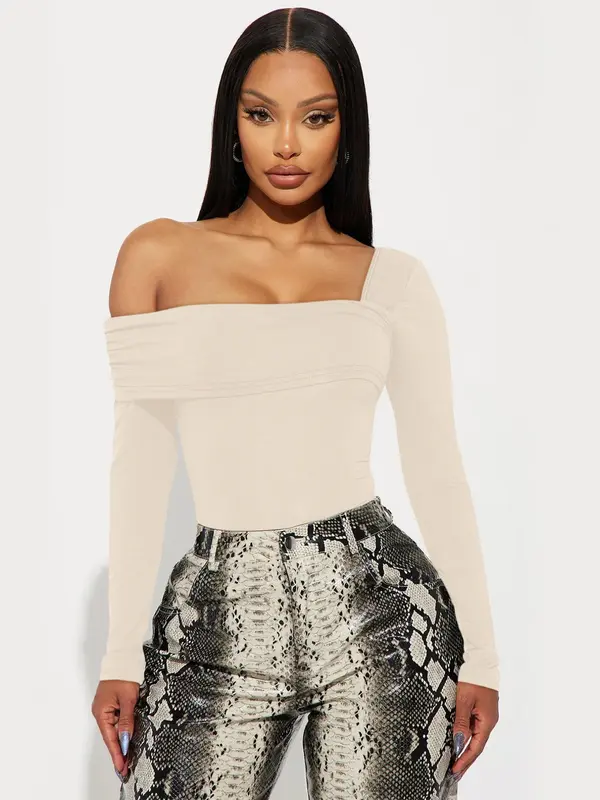 Women's Solid Color One Shoulder Bodysuit, Casual Plain Tight Long Sleeve Bodysuit for Spring & Fall, Gyatt Bodysuit, Women's Clothes for Daily Wear Outdoor 6