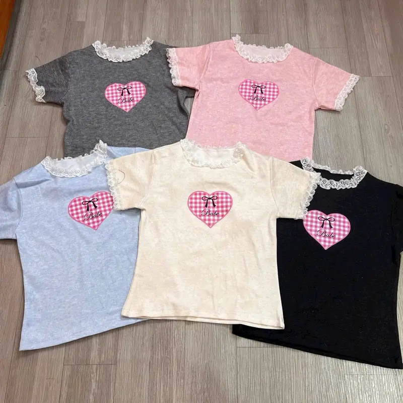 Áo baby tee trái tim phối viền ren 5 màu bazic