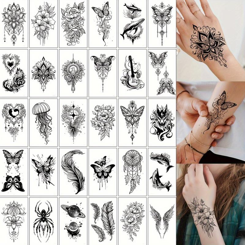Bộ Miếng Dán Hình Xăm Tạm Thời, 30 Chiếc, Màu Đen, Nhiều Mẫu Thiết Kế Bao Gồm Bướm, Lông Vũ, Dream Catcher, Cánh Tay, Hành Tinh, Nhện, Đàn Ghi Ta, Hoa, Trái Tim, Không Thấm Nước, Thích Hợp Cho Cơ Thể, Cổ Tay Và Xương Đòn, Nghệ Thuật Cho Phụ Nữ