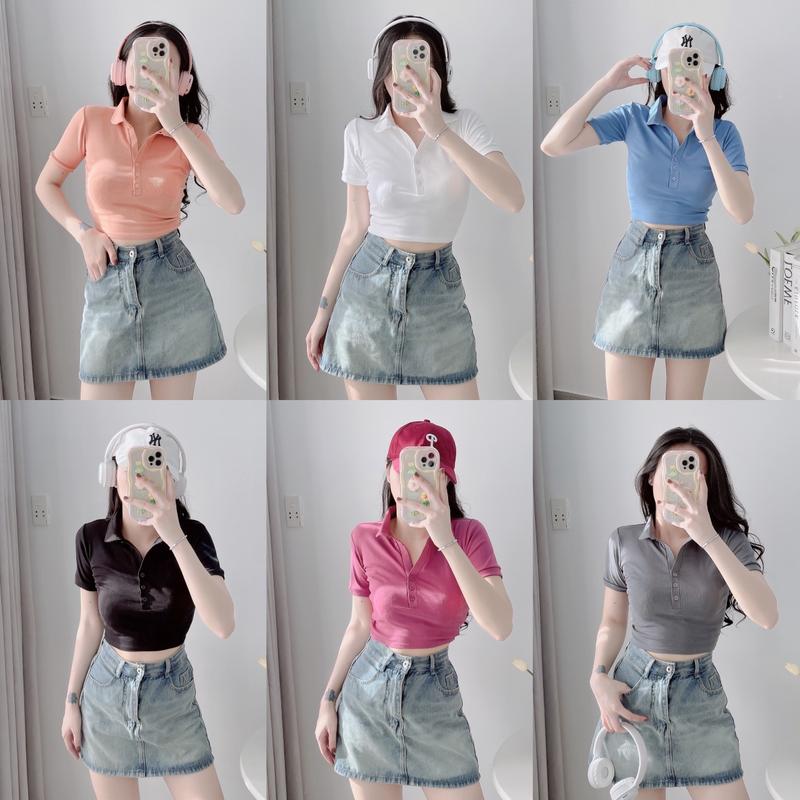 A20_Áo Thun Cổ Bẻ Tay Ngắn Croptop Nữ Women