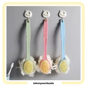 TSA (COD) Sikat Mandi Dua Sisi Spon Bulu Lembut Gagang Panjang Shower Puff + Sikat Gosok Punggung 2 in 1 Penghilang Daki Bersih