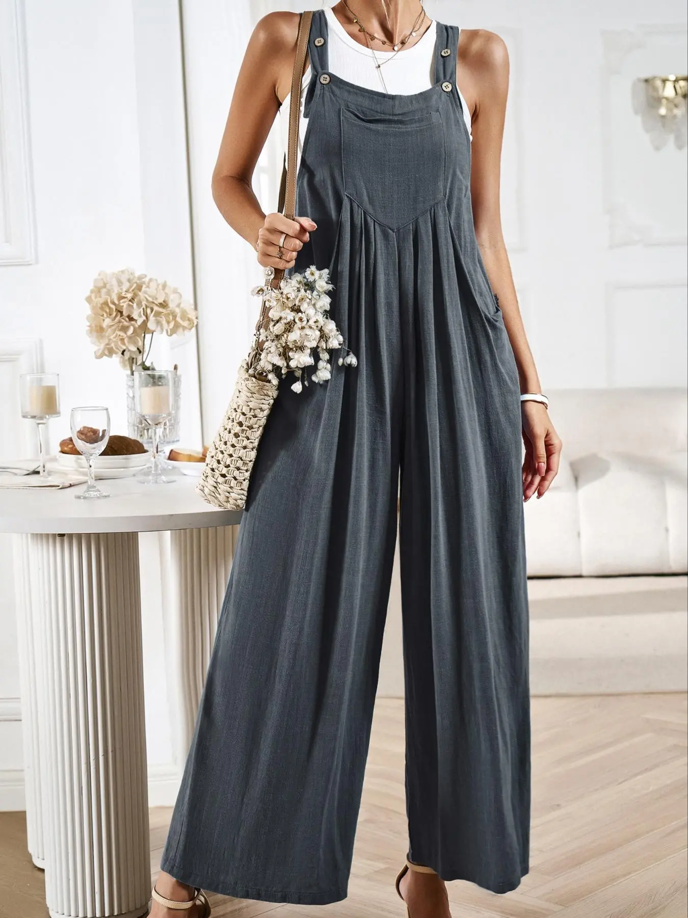 Women's Solid Wide Leg Overalls, Casual Comfy Pocket Overalls for Summer, Fashion Women's Clothes for Daily Wear