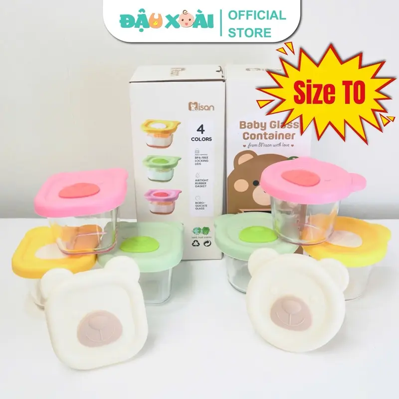 Hộp thuỷ tinh trữ đồ ăn dặm Misan size to 180ml chia vạch cho bé Kem chen  dam cốc  nấu 1