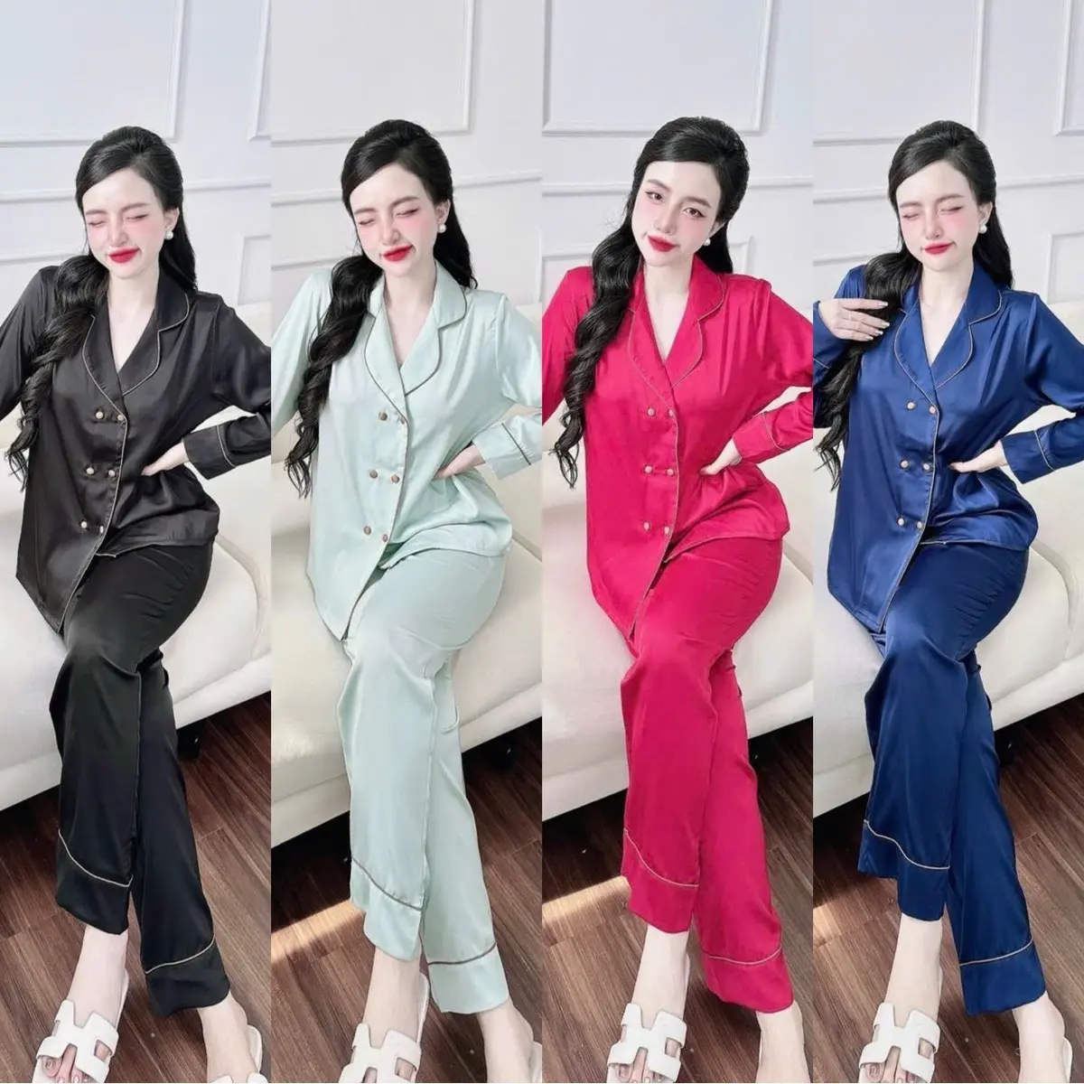 Size M XL 40-68kg . Đồ Bộ Nữ Pijama Áo Cổ Vest Lụa Latin Cao Cấp. Quần Có Túi. Quần Dài M92cm XL95cm
