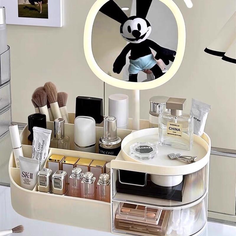 Kệ Để Mỹ Phẩm Kèm Gương Led 3 màu xoay 360° , Đồ Trang Điểm Để Bàn, Khay Đựng Mĩ Phẩm Có Ống Cắm Cọ Và 2 Ngăn Kéo Đựng Đồ Tiện Lợi