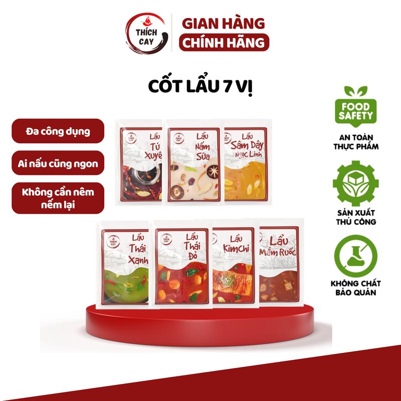 Nước cốt lẩu Thích Cay 7 vị tiện lợi, chuẩn vị nhà hàng, lẩu Tứ Xuyên, Trường Thọ, Sâm Dây, Kim Chi, Thái Xanh, Đỏ