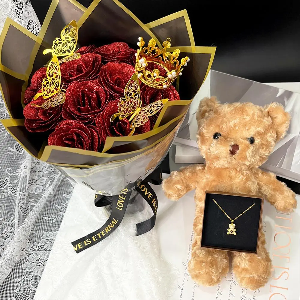 Glitter Artificial Rose Bouquet & Plush Bear & Necklace Gift Set, 1 Set Romantic Bear Necklace Gift Box with Greeting Card, Birthday Gift for Girlfriend & Boyfriend