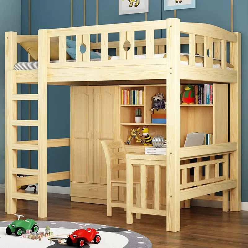 {SG Sales}Double Decker Bed Frame Double Bed Loft Bed High Low Bed Table Height-Adjustable Bed Multi-Functional Assemblage Zone Desk Solid Wood Elevated Bed Bed with Wardrobe