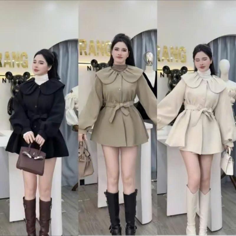 ÁO KHOÁC MANGTO dáng lỡ tay dài cổ tròn thắt nơ áo vải chéo 2 lớp ép mùng tiểu thư - Hân Linh shop Top Jacket