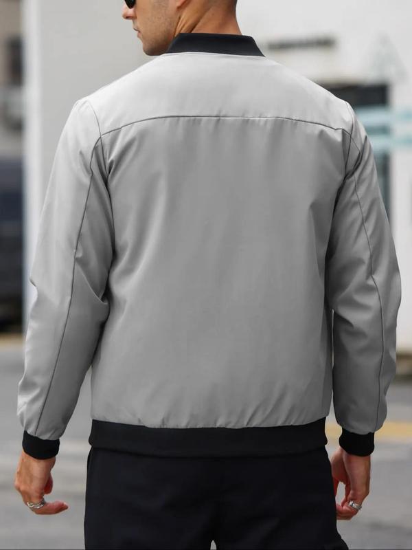 Men's Letter Design Pocket Contrast Binding Zip Up Bomber Jacket, Regular Fit Casual Long Sleeve Mock Neck Zip Front Outerwear For Spring & Fall, Men's Clothes For Daily Wear 2