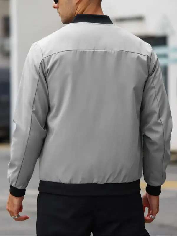 Men's Letter Design Pocket Contrast Binding Zip Up Bomber Jacket, Regular Fit Casual Long Sleeve Mock Neck Zip Front Outerwear For Spring & Fall, Men's Clothes For Daily Wear 1