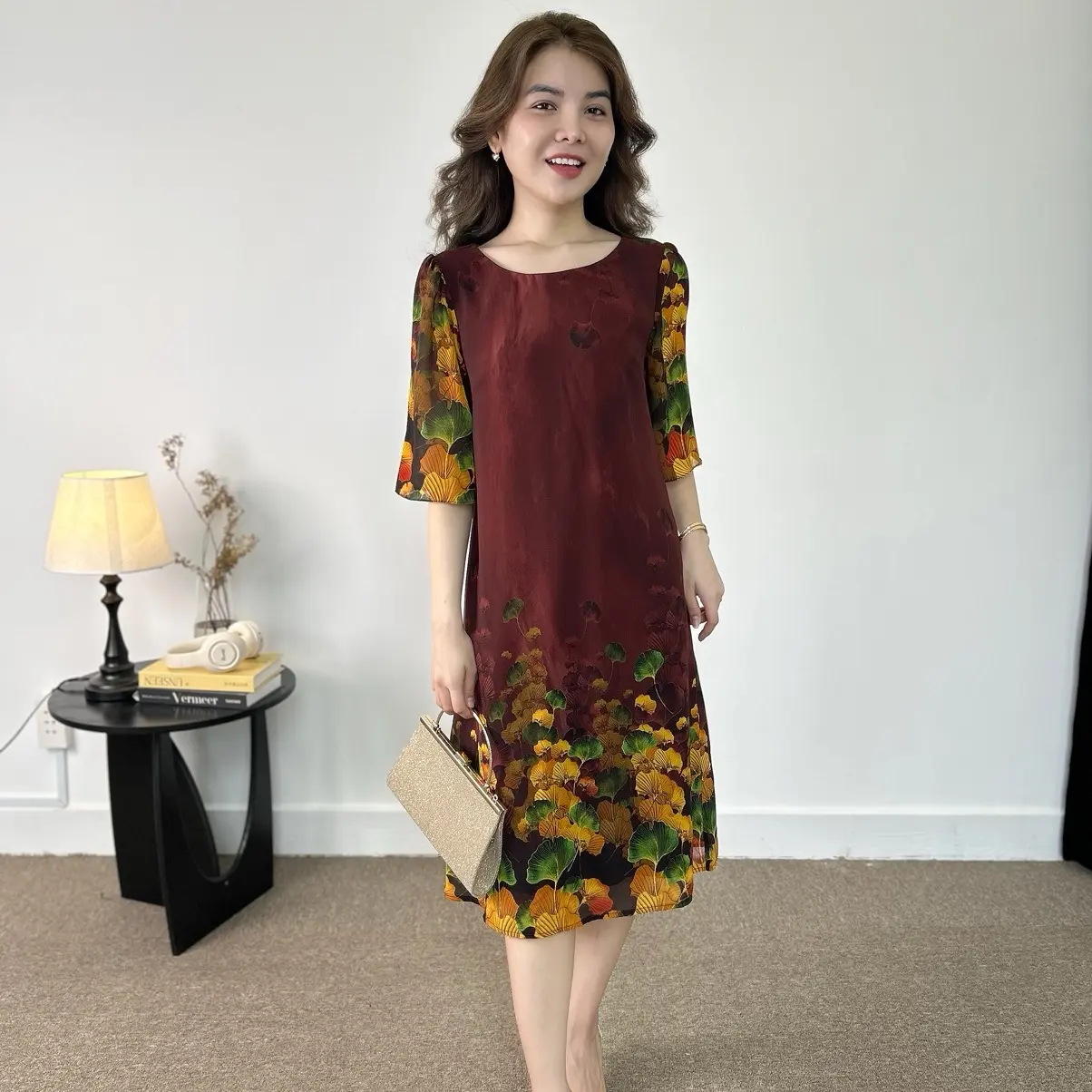 Đầm thiết kế Mã TD01 phom suông trung niên tay loe họa tiết chân bông sang trọng quý phái cho quý cô Women Dress Nữ Thun Cotton Voan Voi Đỏ Nhung