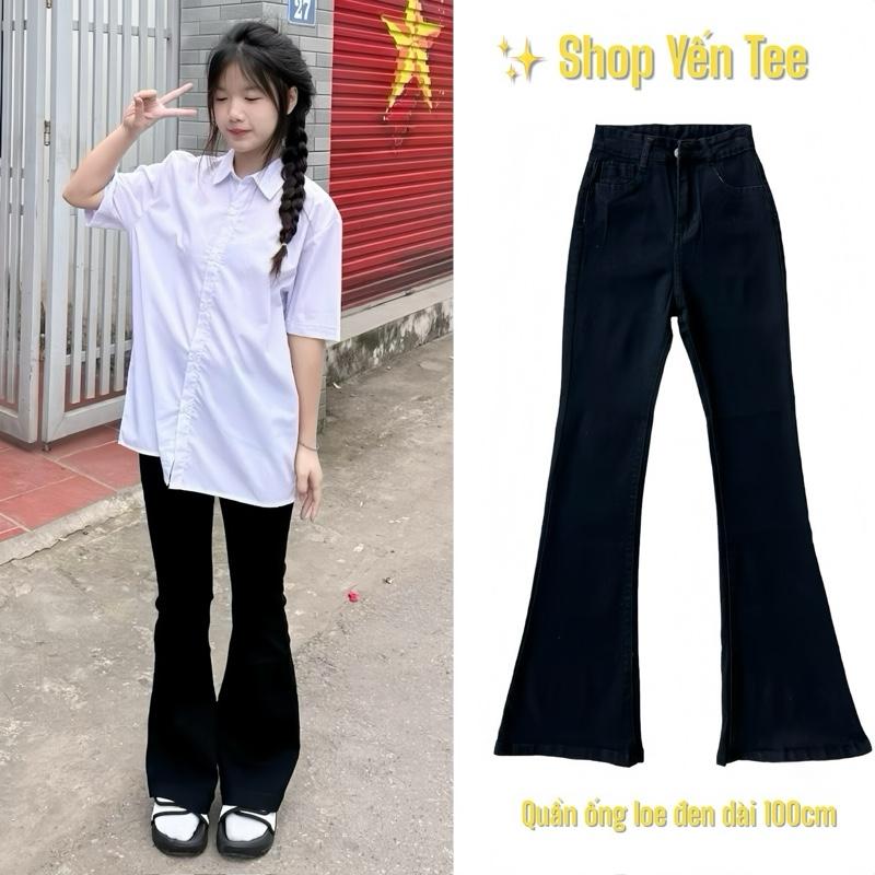 Quần jeans loe đen dáng dài 100cm Yến Tee , cạp cao 1 cúc , from loe nhẹ dễ mặc đi học , đi chơi đều xinh Nữ Women Ong Pants