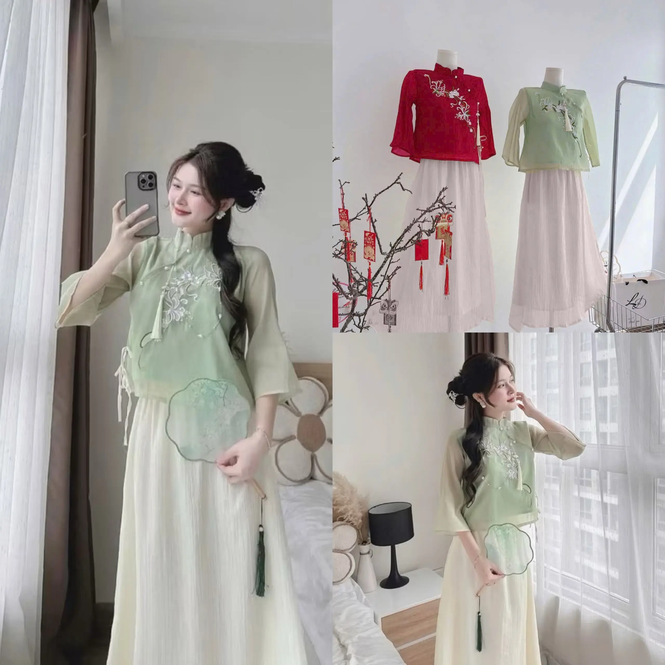 Set áo tơ thêu hoa cổ tàu kèm phụ kiện và chân váy dài xòe dễ thương cho nàng đi chơi và dạo phố