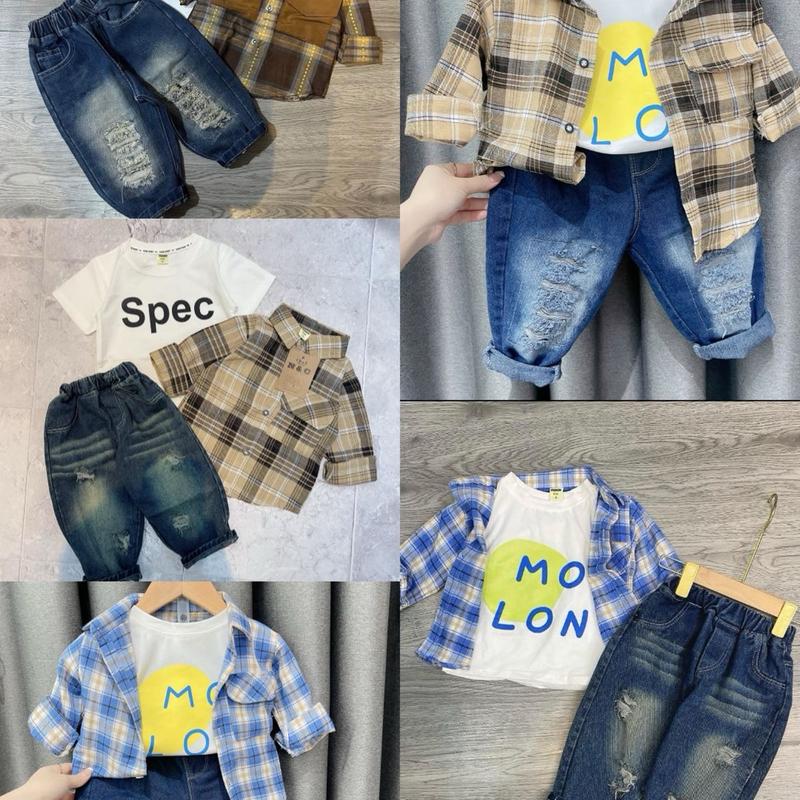 Bộ áo sơ mi Carro ba chi tiết gồm áo trong áo sơ mi và quần jean cho bé trai có sz từ 10-30kg( mua 3bo kèm 1 kính - 5bo kèm 1 đồng hồ )[ Linh kids88]