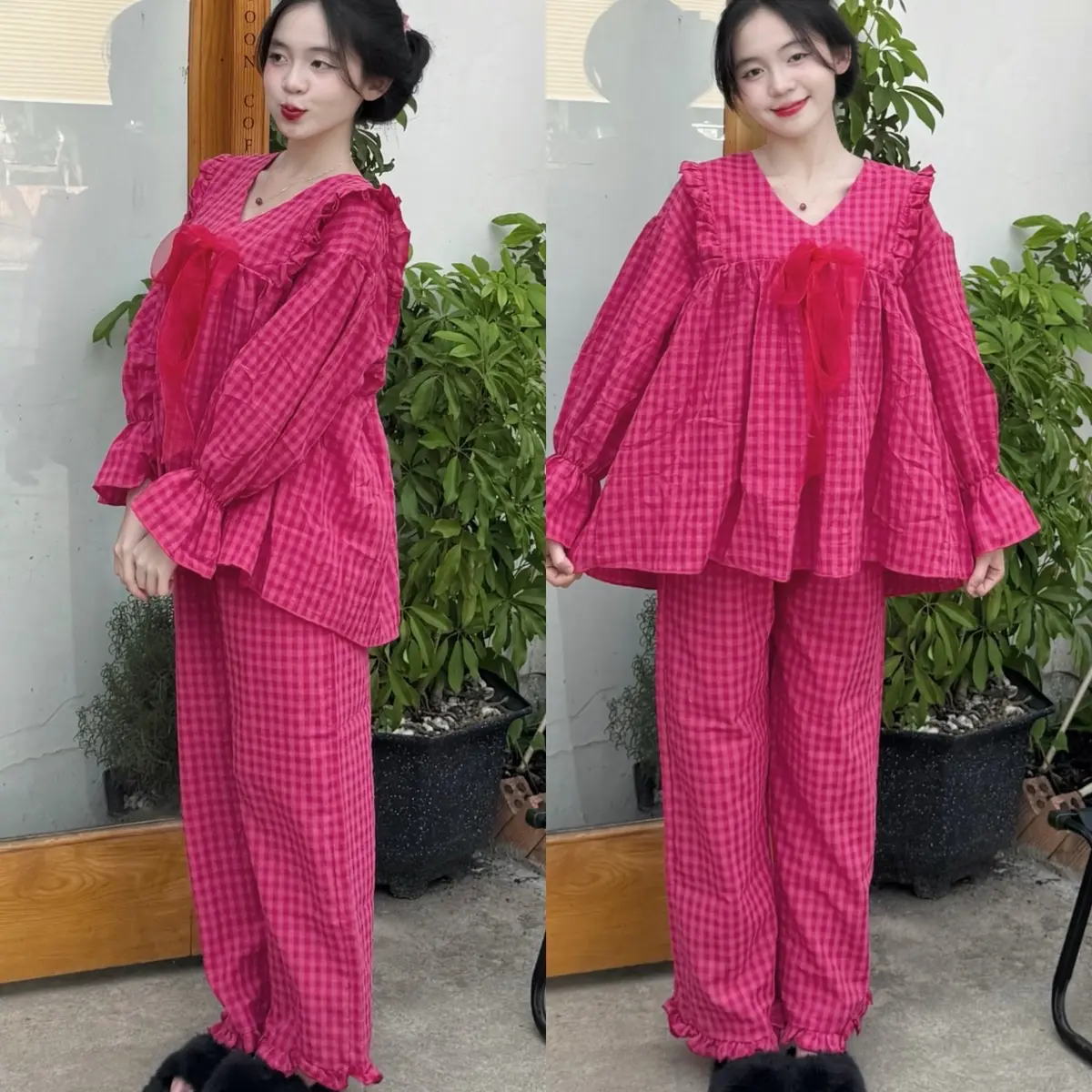 Pijama Babydoll Tay Dài Karo Bộ Piyama Chất Xốp Thái Mặc Siêu Mát Freesize 40-58kg - Quần Ngủ, Nữ