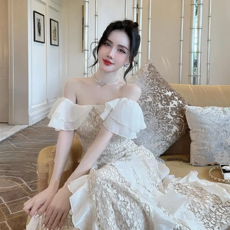 ￼Váy trễ vai dáng dài “ Lealia “ thiết kế bèo rủ hách dáng trẻ trung thanh lịch by EM Design