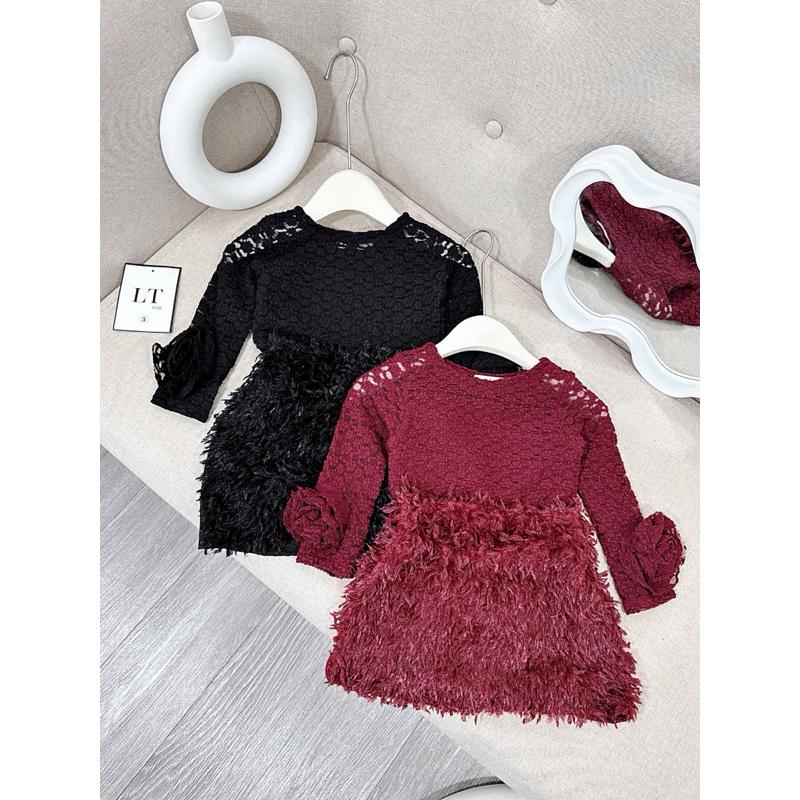 Set bộ bé gái G56, Set áo ren tay hoa chân váy lông cho bé gái