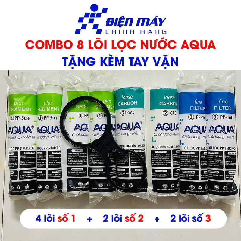 COMBO 8 lõi lọc nước AQUA chính hãng MÃ 08CA (Gồm 4 lõi số 1 - 2 lõi số 2 - 2 lõi số 3) sử dụng cho tất cả máy lọc nước Kangaroo, Karofi, Sunhouse, Aqua...