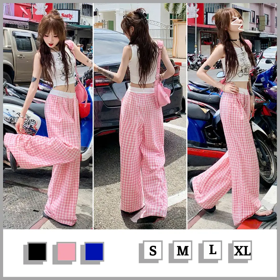 Combo 2 Quần Kẻ Cạp Chun Quần Ống Suông Cạp Cao Phong Cách Hàn Quốc Dáng Dài 3 Màu Cho Nữ