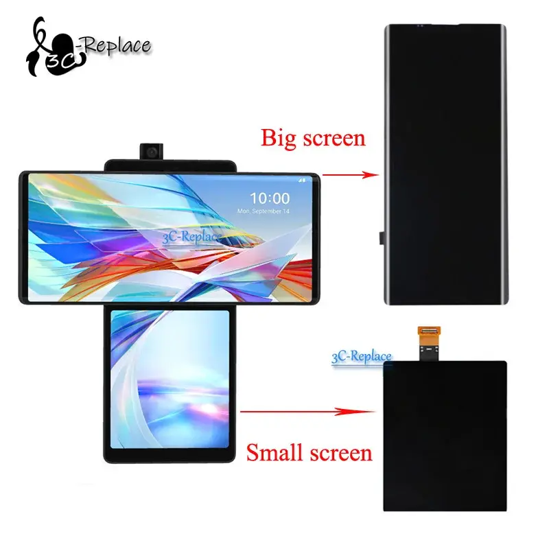 Màn hình LCD OLED, dành cho LG Wing 5G LMF100N, LMF100V, LM-F100N, LM-F100V, F100TMK, LM-F100, F100TMK, LMF100VM1, LMF100VM1, LMF100EMW, LMF100EMW, LMF100VMY, LMF100VMY, Bảng điều khiển cảm ứng màn hình, Lắp ráp bảng số hóa, với khung 5