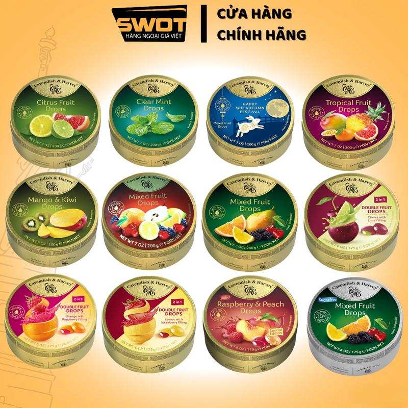 Kẹo ngậm trái cây Cavendish & Harvey Đức 200g nhiều vị, Kẹo ngậm vị trái cây tươi siêu ngon, thơm miệng, Candy hộp thiếc chính hãng Đức Food Ăn Vặt Snack - SWOT