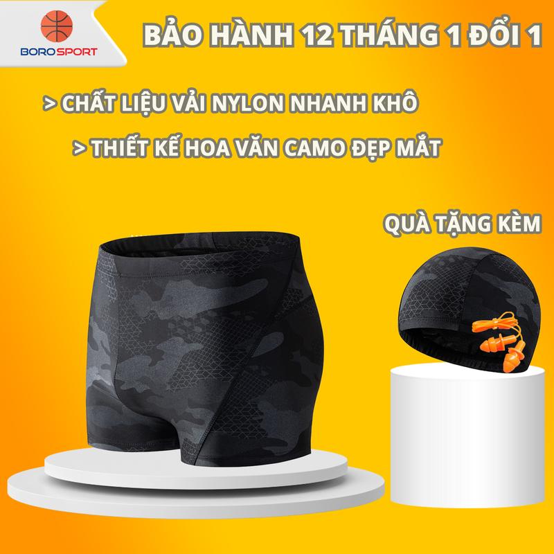 Quần Bơi Nam Tặng Kèm Nón Bơi Bịt Tai Quần Bơi Nam Ngắn Thiết Kế Hoa Văn Camo Thoát Nước Nhanh Cleacco CMNCM Boro Sport