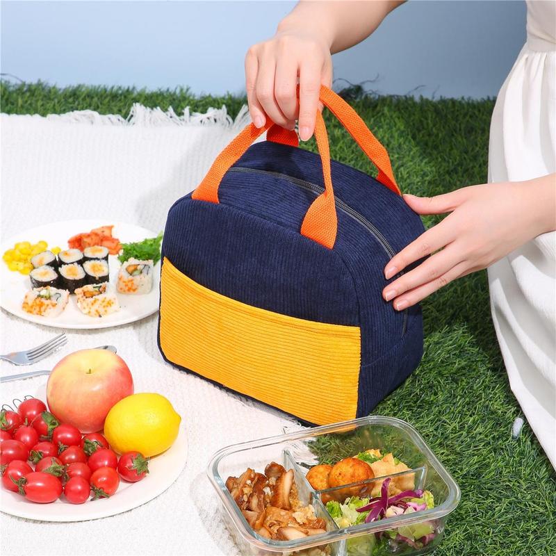 Product Introduction of Colorblock Corduroy Bento Bag, 1 Count Insulated Lunch Bag, Lunch Box Storage Bag for Work & School, Household Kitchen Gadgets 5