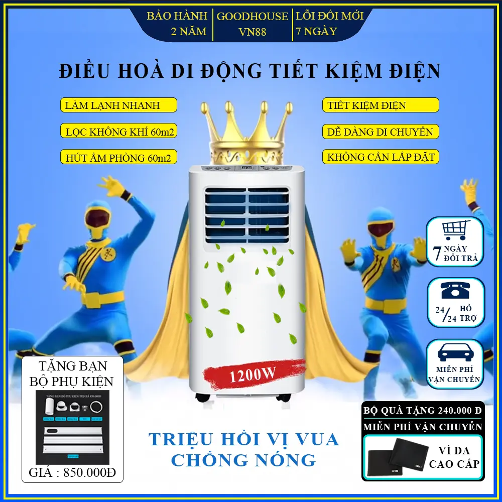 Điều hoà di động đa năng tích hợp đồng thời làm lạnh, quạt mát, hút ẩm, lọc không khí tới 60m2 không cần lắp đặt, bảo hành 2 năm