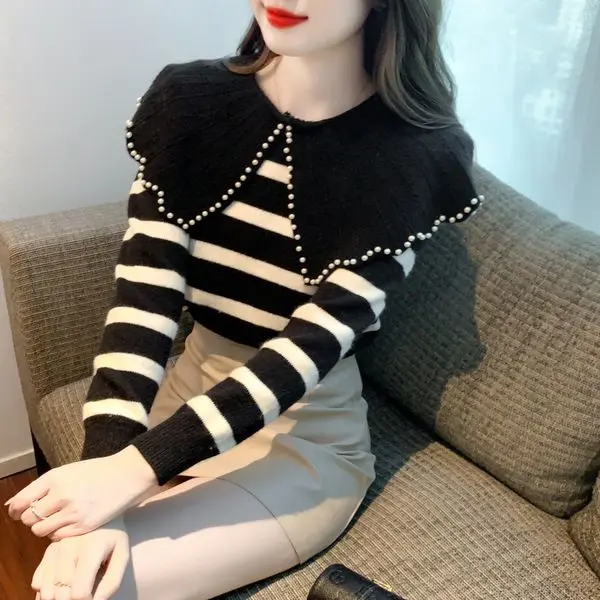 Áo Lớp Nền Dệt Kim Sọc, Cổ Búp Bê, Dành Cho Nữ, Thích Hợp Cho Mùa Thu Và Mùa Đông, Hàng Mới Về 2024, Đính Cườm, Thiết Kế Đẹp, Áo Liền Quần Ôm Sát