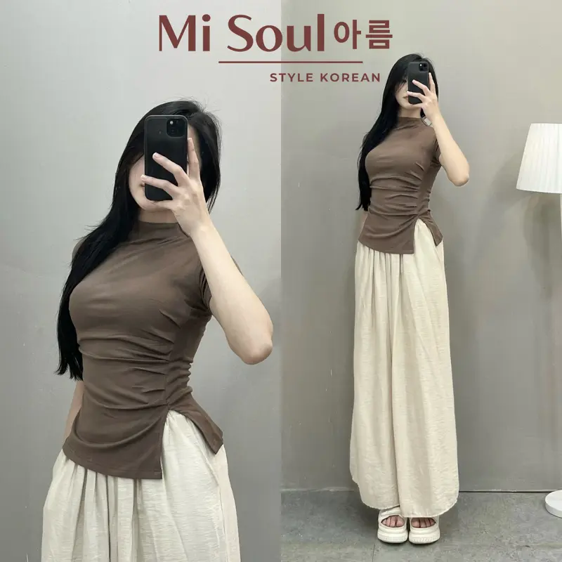 Áo Thun Cổ 3 Phân Cộc Tay Nữ Nhúm Sườn Xẻ Tà BigSize MiSoul, Áo Thun Nữ Cộc Tay Xẻ Tà BigSize MiSoul 218 Top Cổ Tròn Women Sơ Mi 3